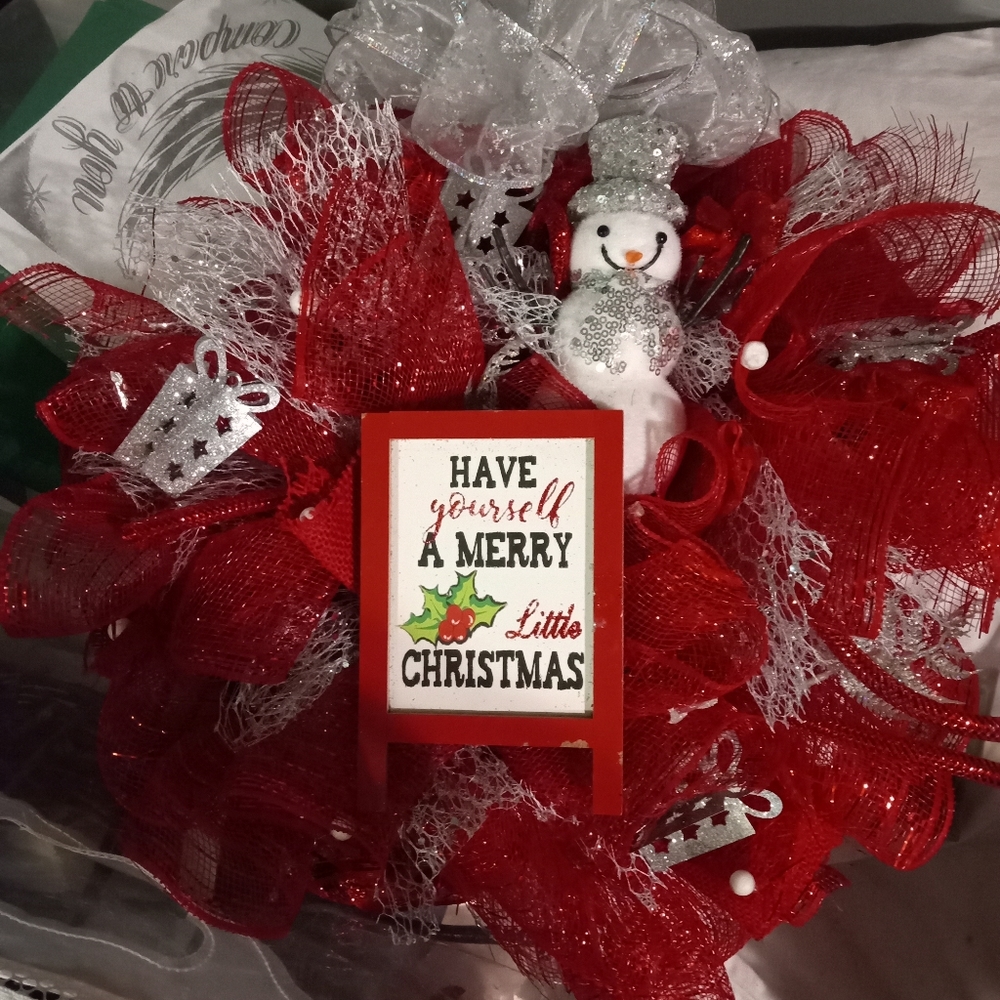 Red white silver Christmas Wreath